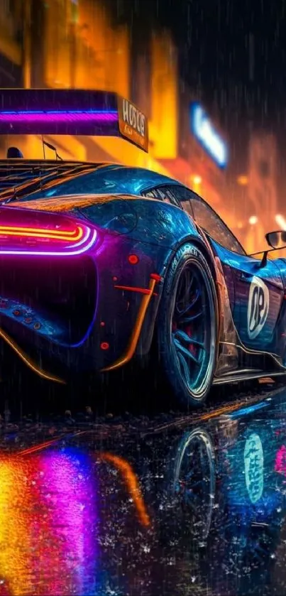 Futuristic neon car with colorful reflections in the rain at night.