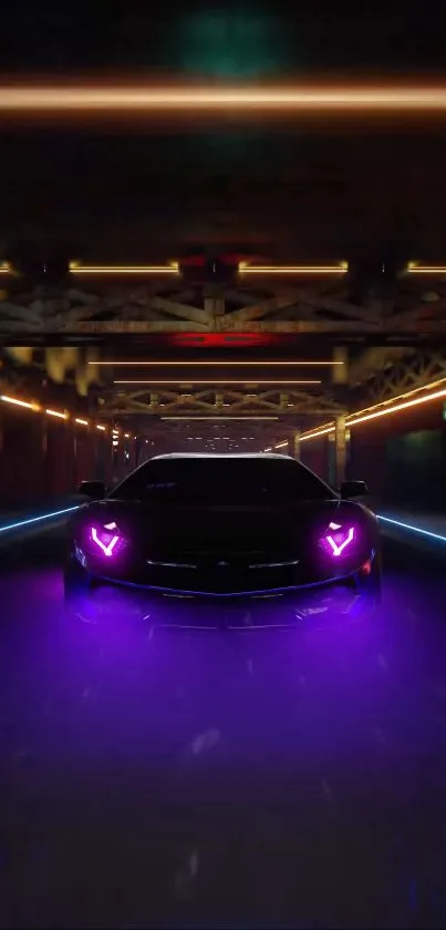 Futuristic car with neon lights in a dark urban setting.