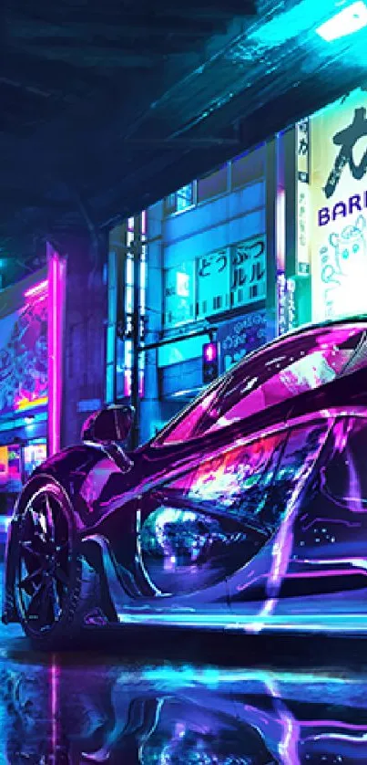 Futuristic car under neon lights in a vibrant cityscape.