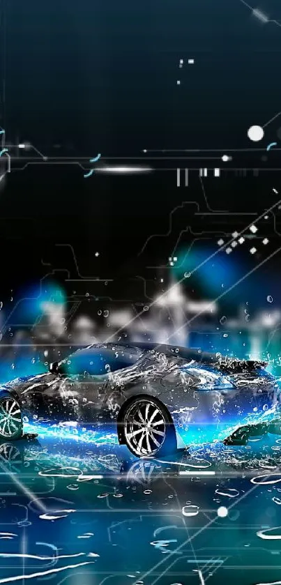 Futuristic car with neon lights and water background on mobile wallpaper.