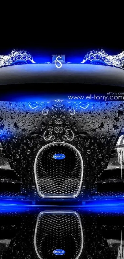 Futuristic car with neon lights and water splash effect on a black background.