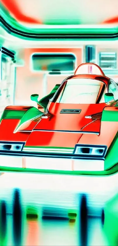 Futuristic car design with neon colors and sleek lines.