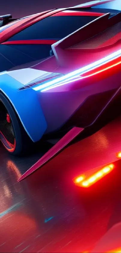 Futuristic car with neon lights in vibrant blue hues.