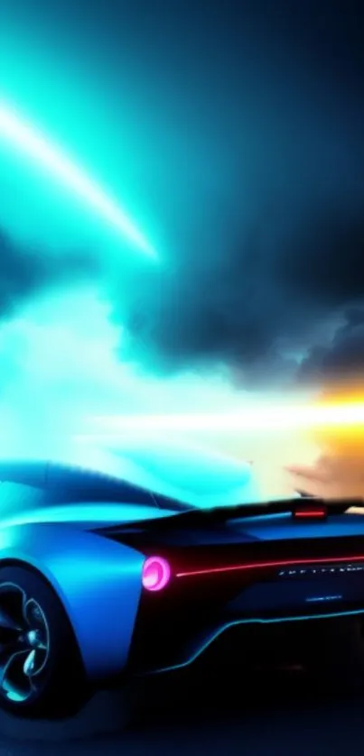 Futuristic car with neon lights under a dramatic sky, ideal for mobile wallpaper.