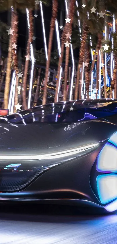 Futuristic car driving through city at night with glowing lights.