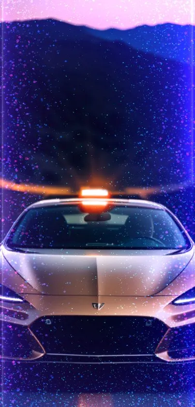 Futuristic car with neon lights at night.