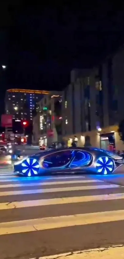 Futuristic car driving through a city at night with glowing wheels and bright lights.