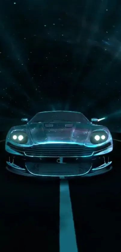 Futuristic car speeding down a dark, starlit road at night.