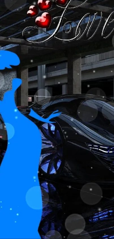 Futuristic black car with blue silhouette in urban night setting.