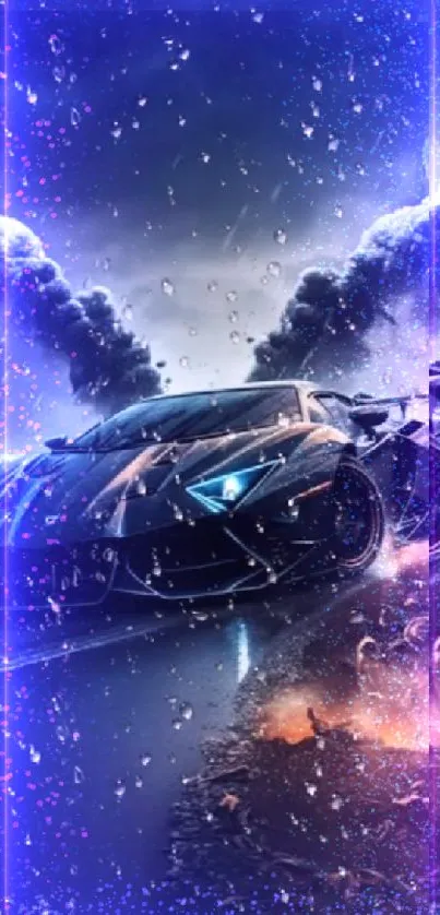 Futuristic car racing at night in rain scene.