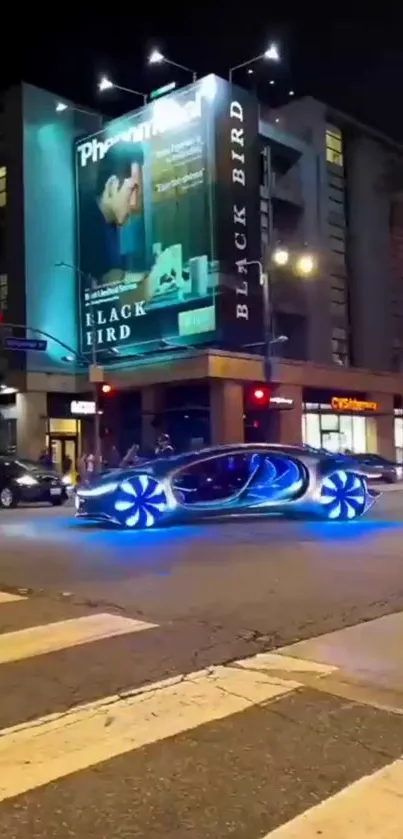 Futuristic car with blue neon lights on urban street at night