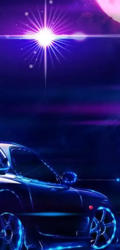 Futuristic car in neon lights at night with vibrant purple hues.