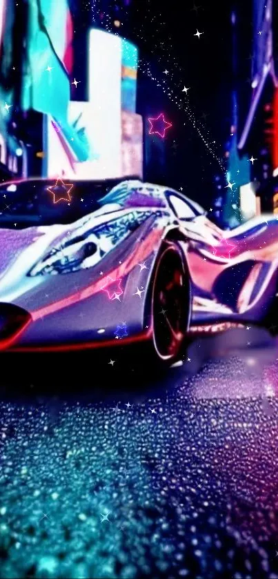 Futuristic car on a neon-lit urban street at night with vibrant colors.