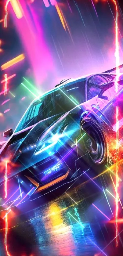 Futuristic sports car with neon lights at night.