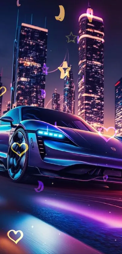 Futuristic car under neon city lights creating a vibrant nightscape.