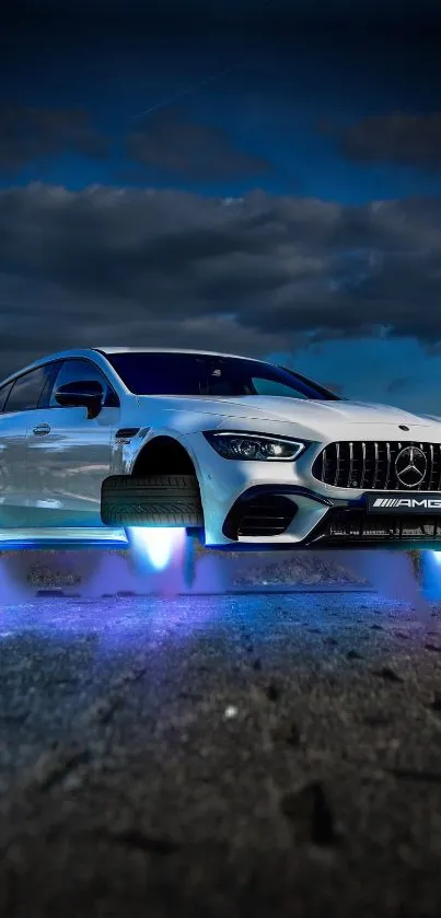 Futuristic car floating with blue glow under a night sky.