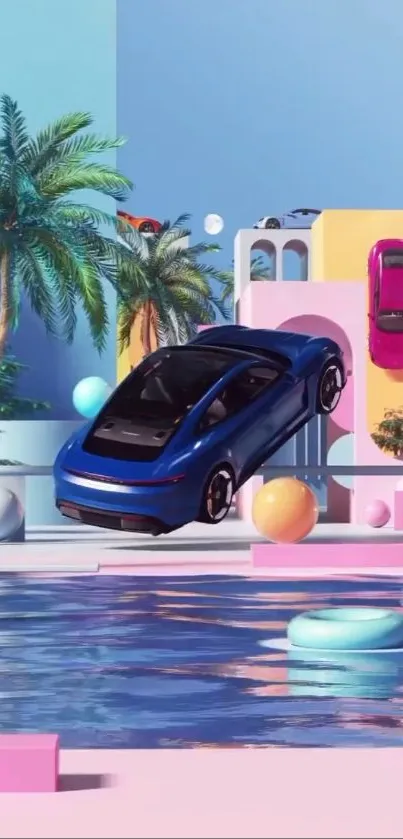 Surreal scene with a futuristic blue car.