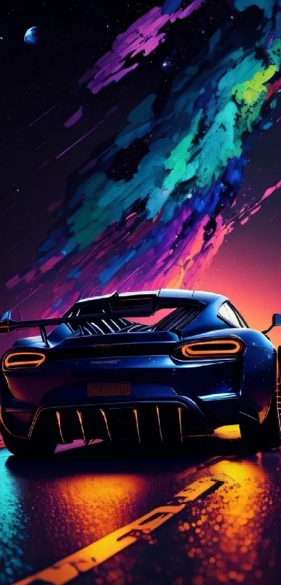 Futuristic blue car on vibrant cosmic road with neon sky.
