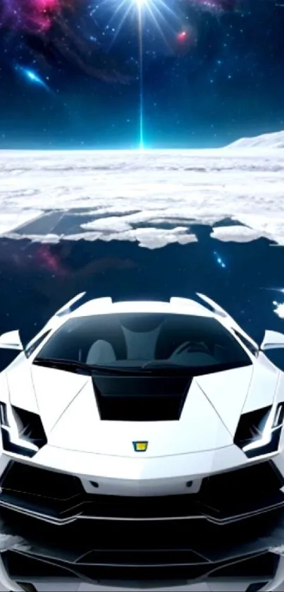 Futuristic car on ice with starry night sky and cosmic elements.