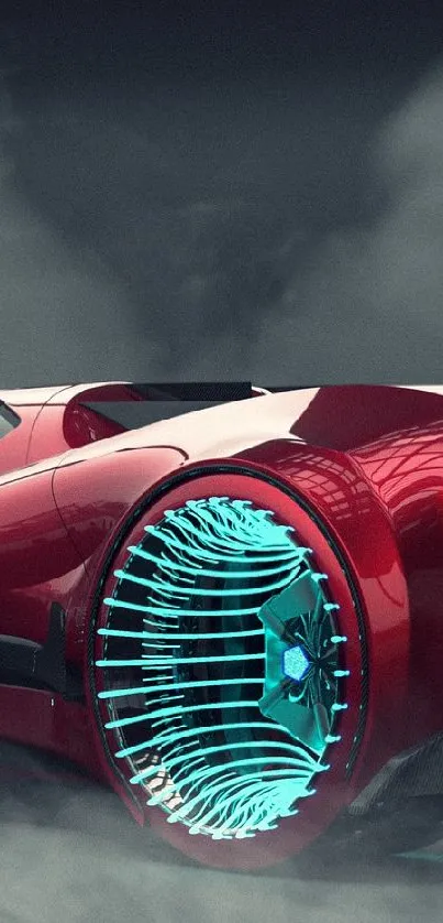 Futuristic red car with neon wheels on misty background.