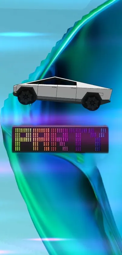 Sleek futuristic car on a vibrant, teal background with party text.