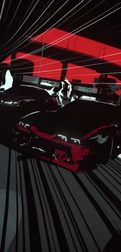 Futuristic car race artwork in red and black tones.