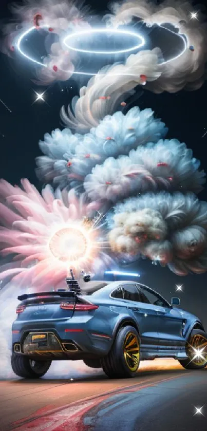 Futuristic car racing under a dynamic night sky in vivid colors.