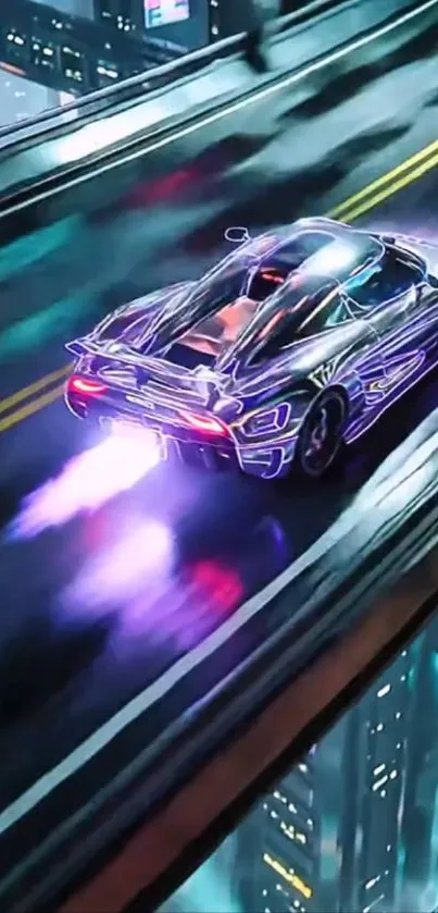 Futuristic car on a neon-lit racing track at night.