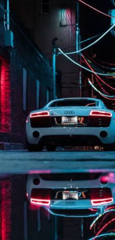 Sleek car in neon-lit alley with vibrant reflections.