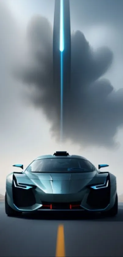 Futuristic car on a road under a dramatic sky with a striking light beam.