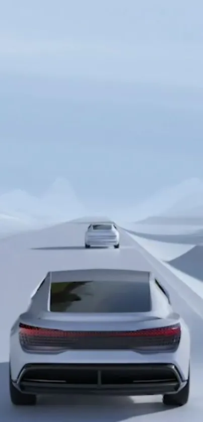 Futuristic car drives on a minimalist road under a light blue sky.