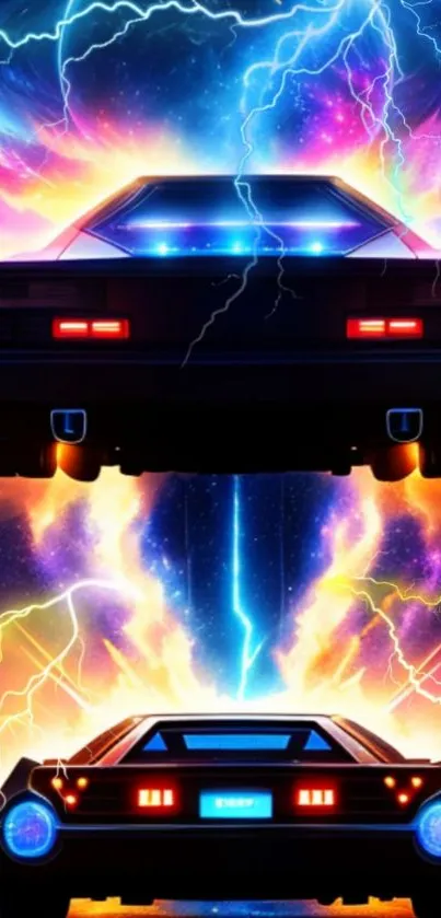 Futuristic car with neon lights in a cosmic backdrop.