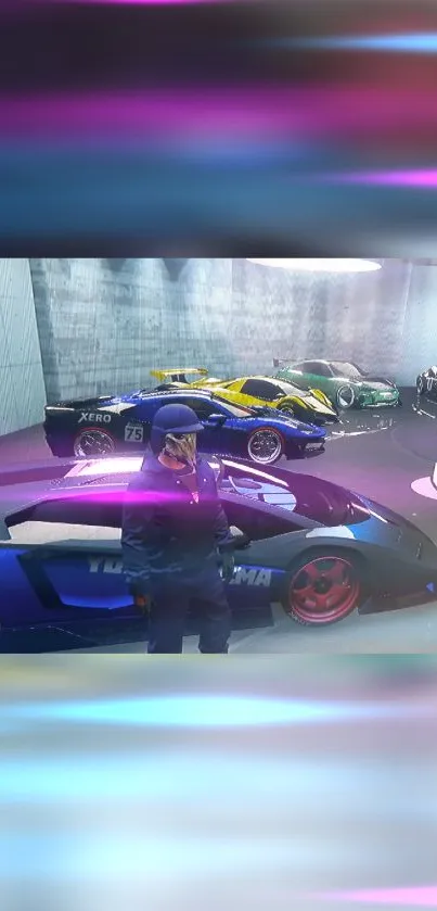 Futuristic car showroom with neon lights and luxury vehicles in vibrant blue hues.