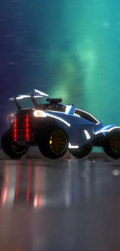 Futuristic car on a teal and purple gradient background with neon accents.