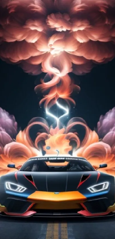 Futuristic car with swirling smoke and colorful design.