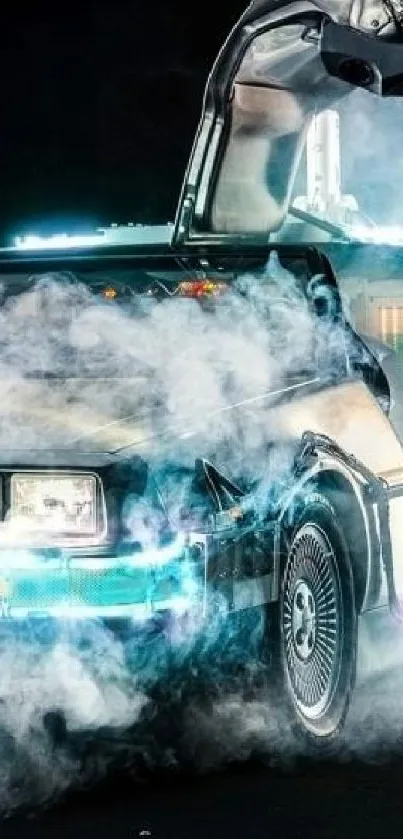 Futuristic car with smoke and neon lights.