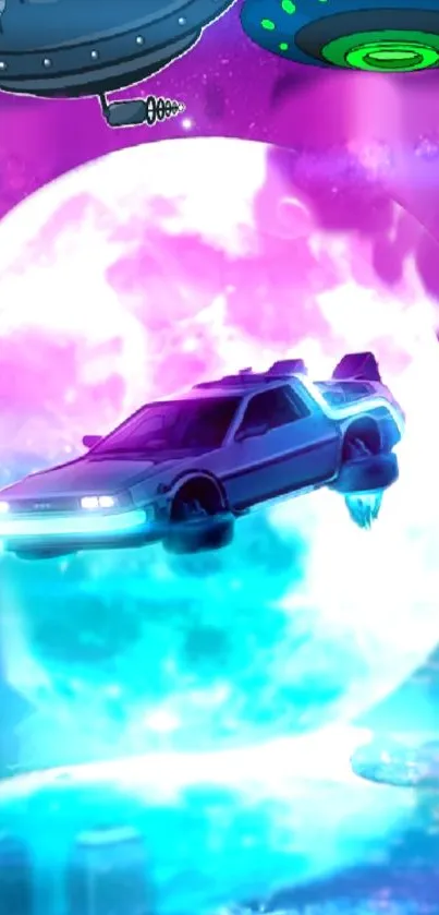 Futuristic car flying through neon space scene.