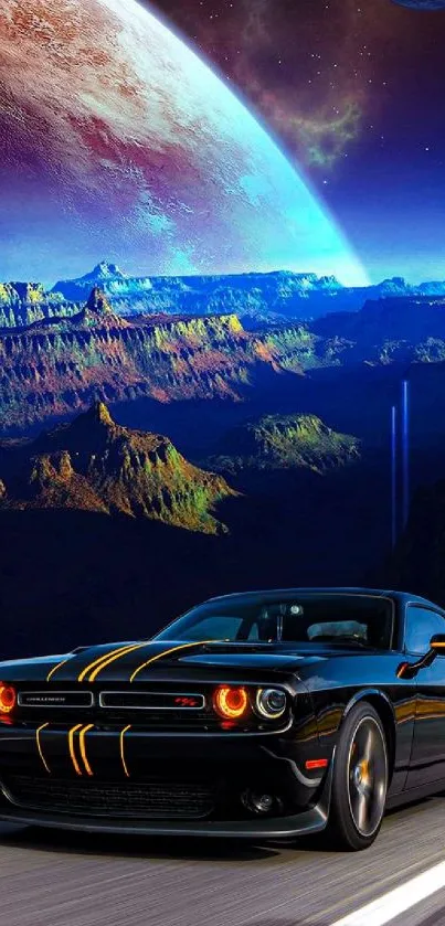 Sleek car under planets and stars in space scene.