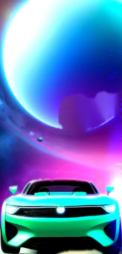 Futuristic car with cosmic background and vibrant colors.