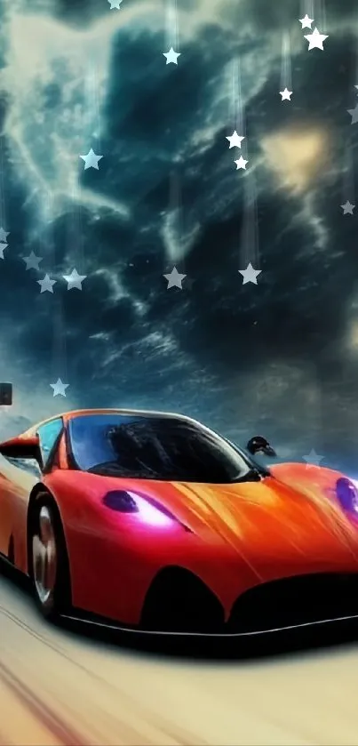 Sleek futuristic car racing through a cosmic sky with vibrant colors.