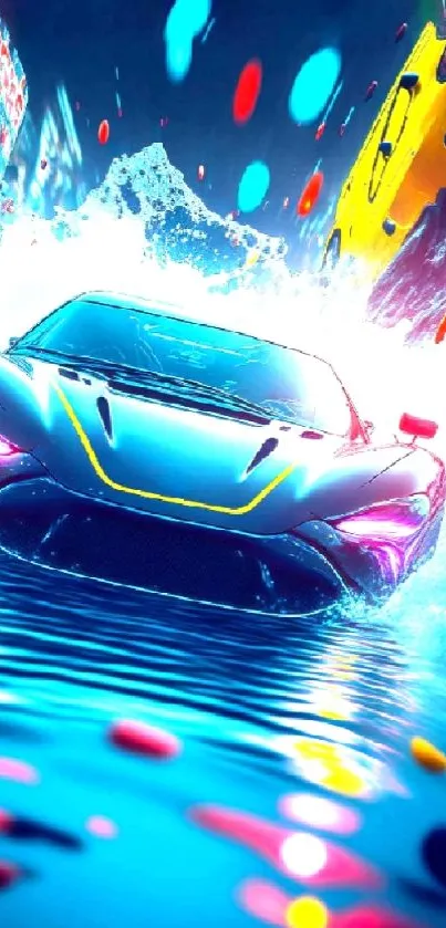 Futuristic car racing through vibrant water splash with bright colors.