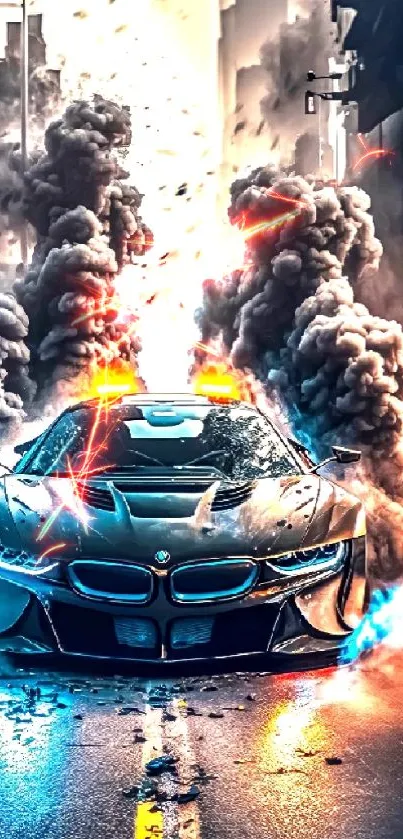 Futuristic car racing through smoky urban street in vibrant scene.