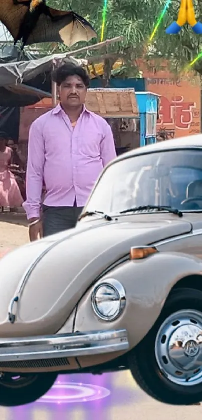 Classic car parked on a colorful urban street.