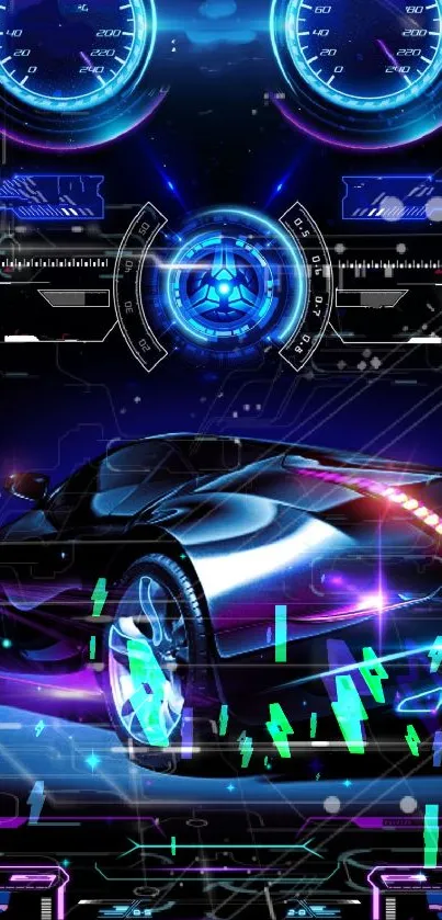Futuristic neon blue car with digital dashboard.