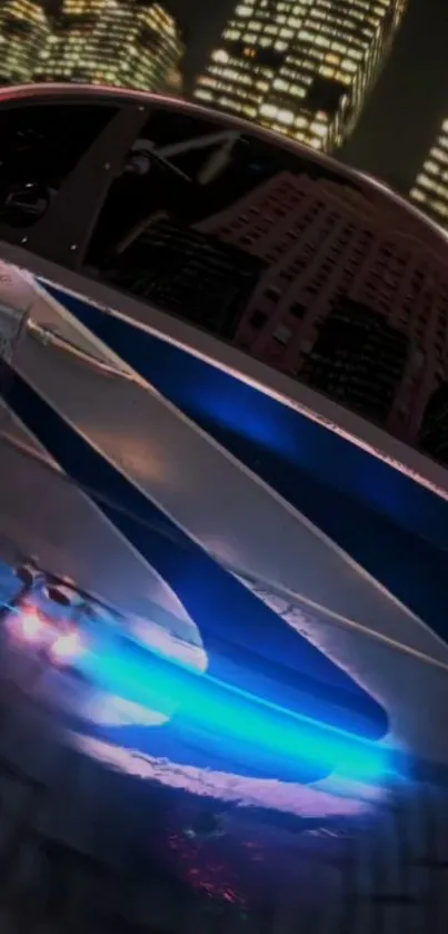 Futuristic car with neon lights in a night cityscape background.