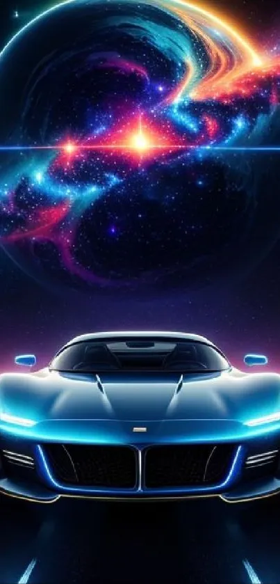 Futuristic car under a cosmic, starry sky with vibrant galaxy colors.