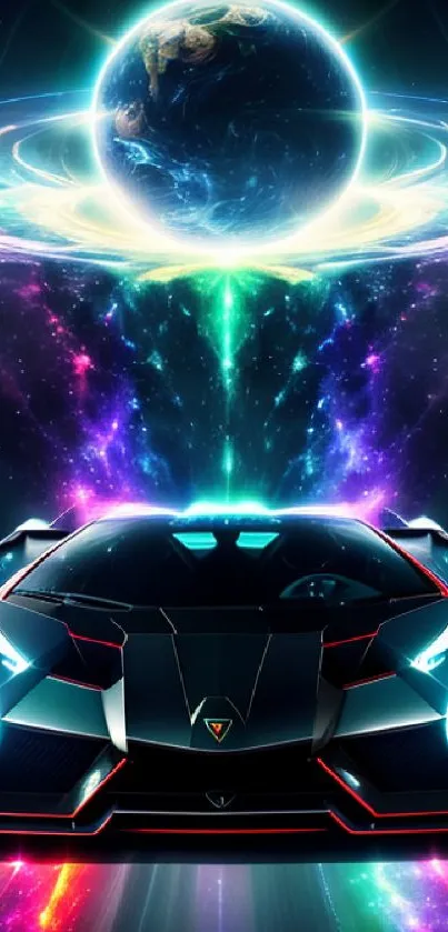 Futuristic sports car with neon colors under a galactic sky.