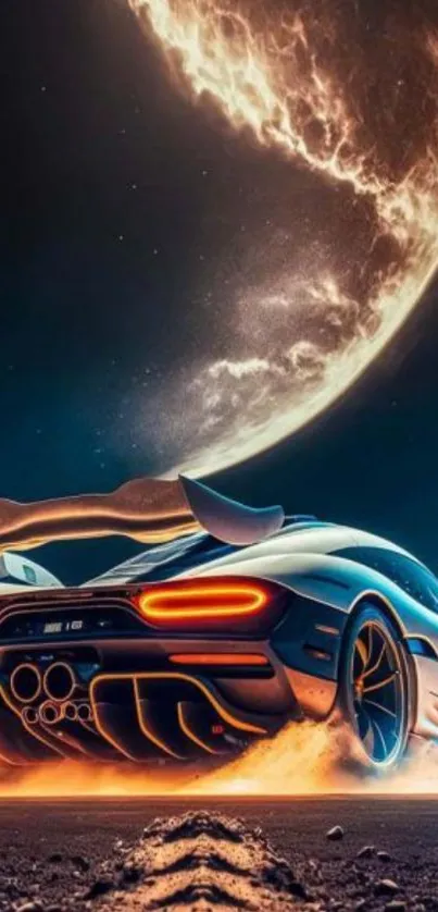 Futuristic car speeding under a vibrant moonlit sky.