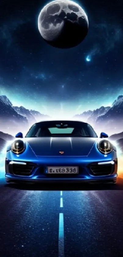 Futuristic blue sports car under a moonlit sky, perfect for dynamic phone backgrounds.