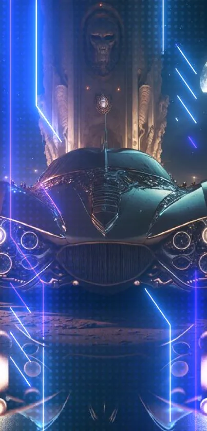 Futuristic car under moonlit sky with gothic backdrop.